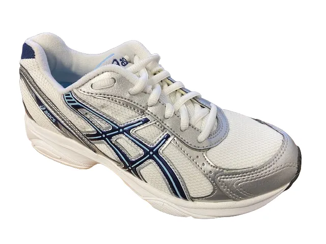 Sure! The optimized title for this Asics running shoe would be Asics Patriot TN8F7 0150 White Navy Blue Atom Running Shoe.