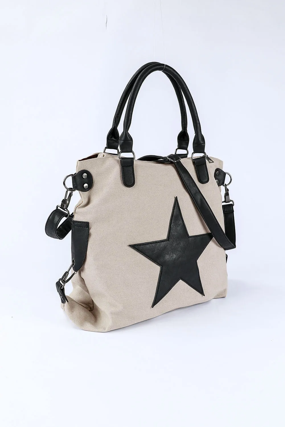 Beige Casual Star Canvas Tote Bag