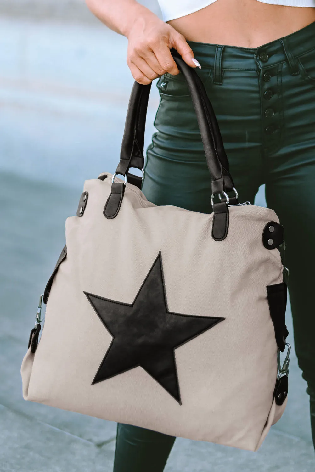 Beige Casual Star Canvas Tote Bag