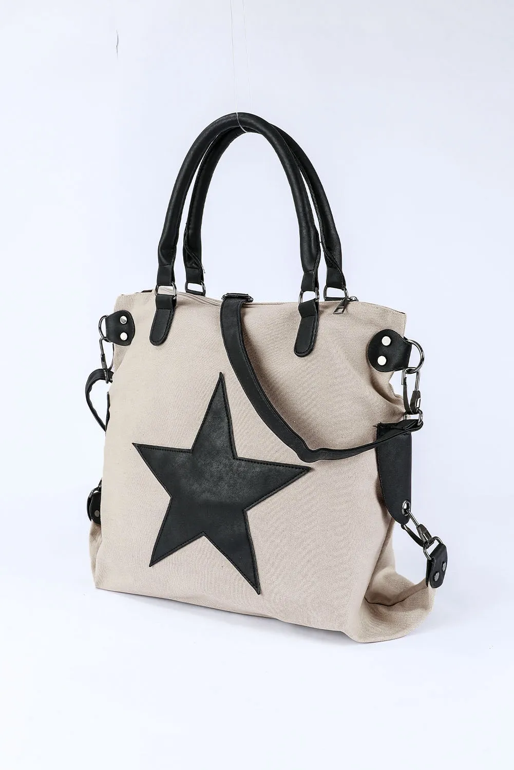 Beige Casual Star Canvas Tote Bag