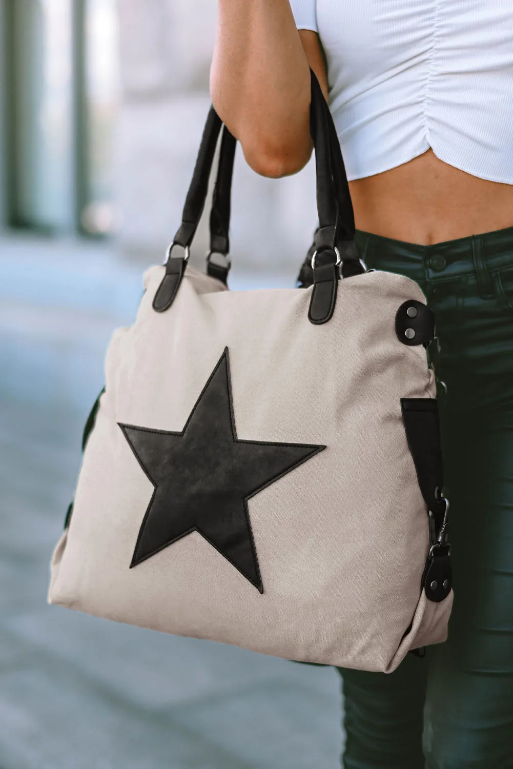 Beige Casual Star Canvas Tote Bag