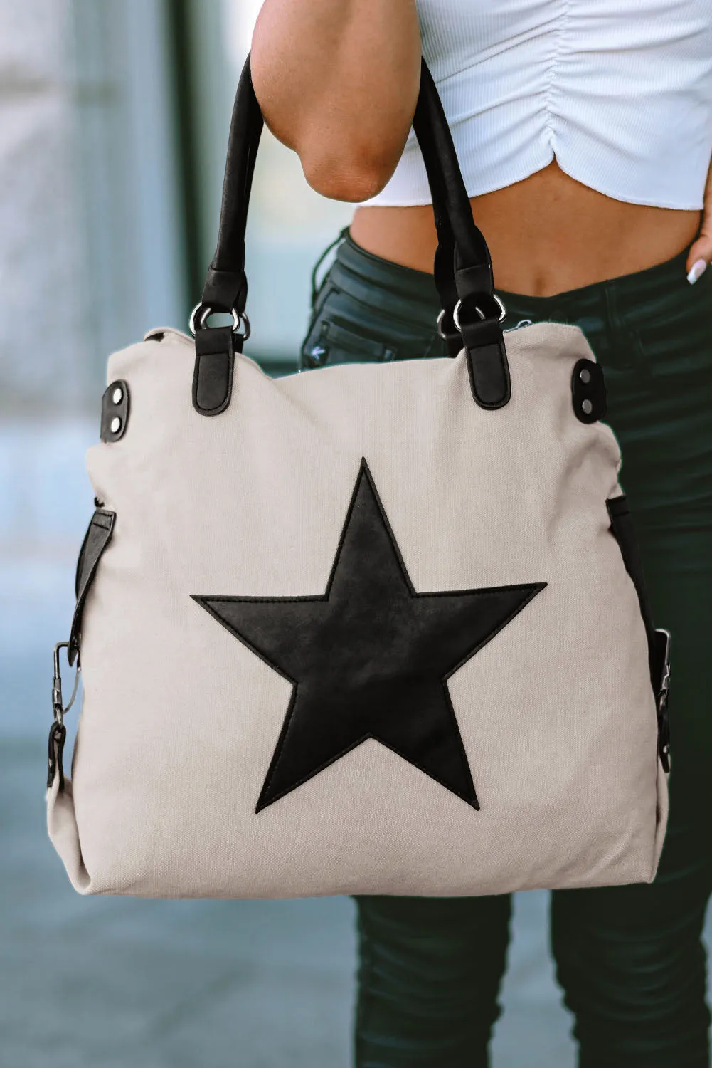 Beige Casual Star Canvas Tote Bag