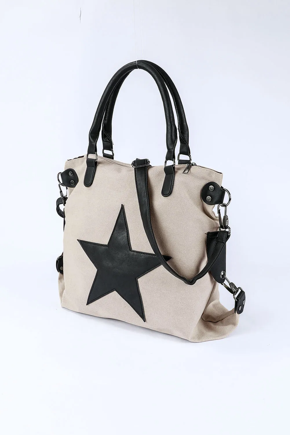 Beige Casual Star Canvas Tote Bag