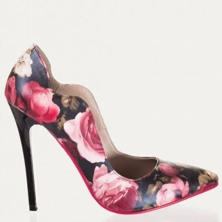 Black Rose Print Stiletto Heel Shoes