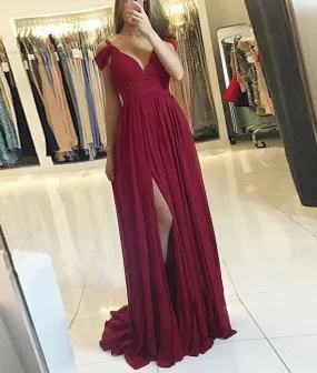 Burgundy off shoulder long prom dress, burgundy evening dress