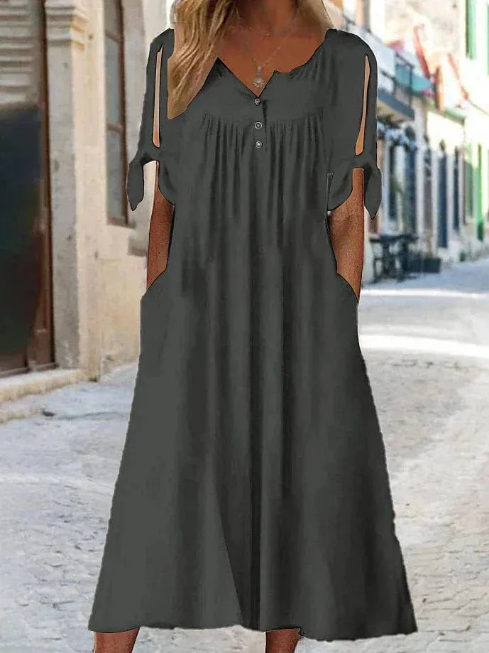 Elegant Button V Neck Shift Dress for Women - Black White Green - S M L XL XXL - Short Sleeve Midi Dress Casual Basic Daily Wear