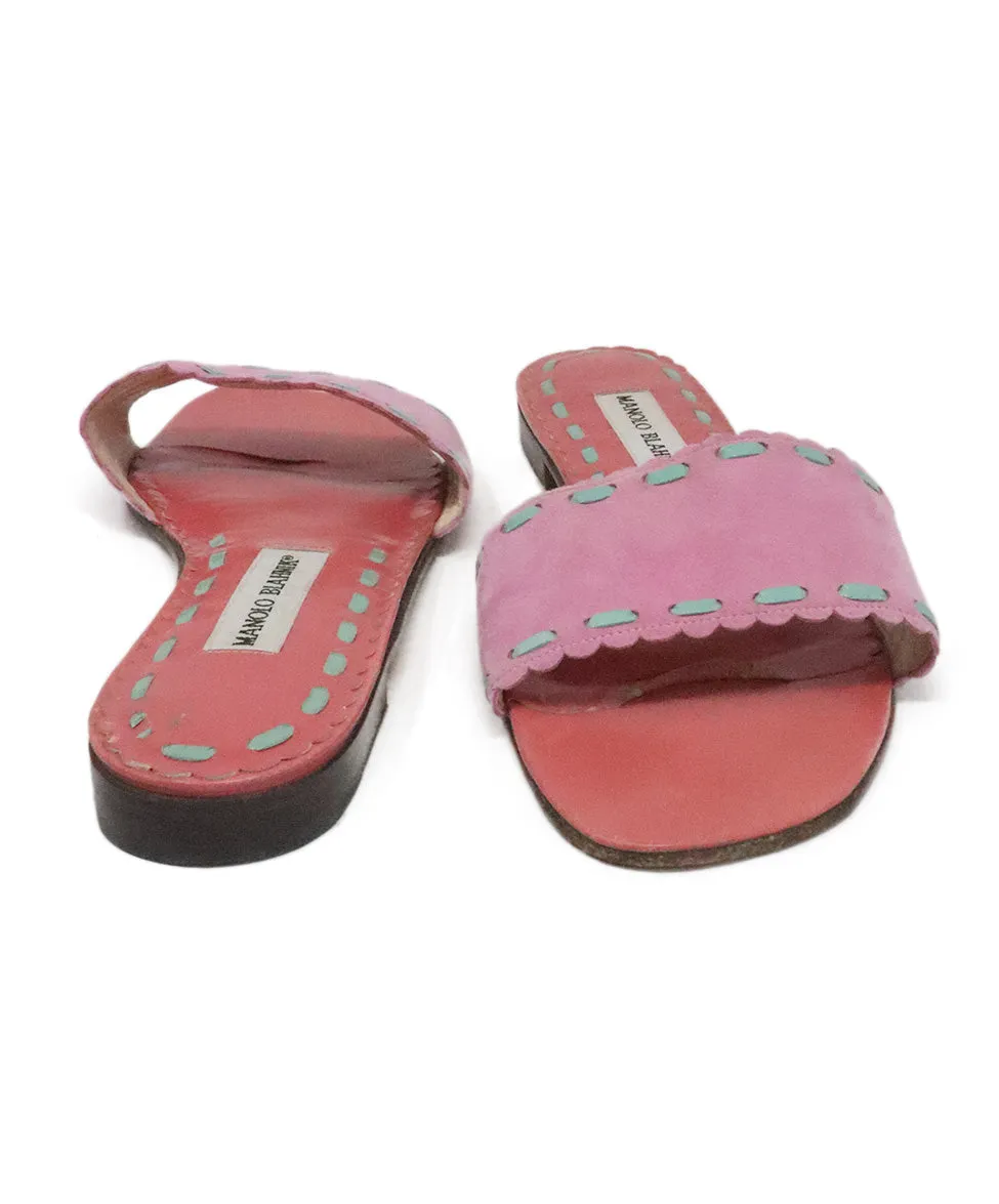 Manolo Blahnik Pink & Aqua Suede Slides sz 9.5