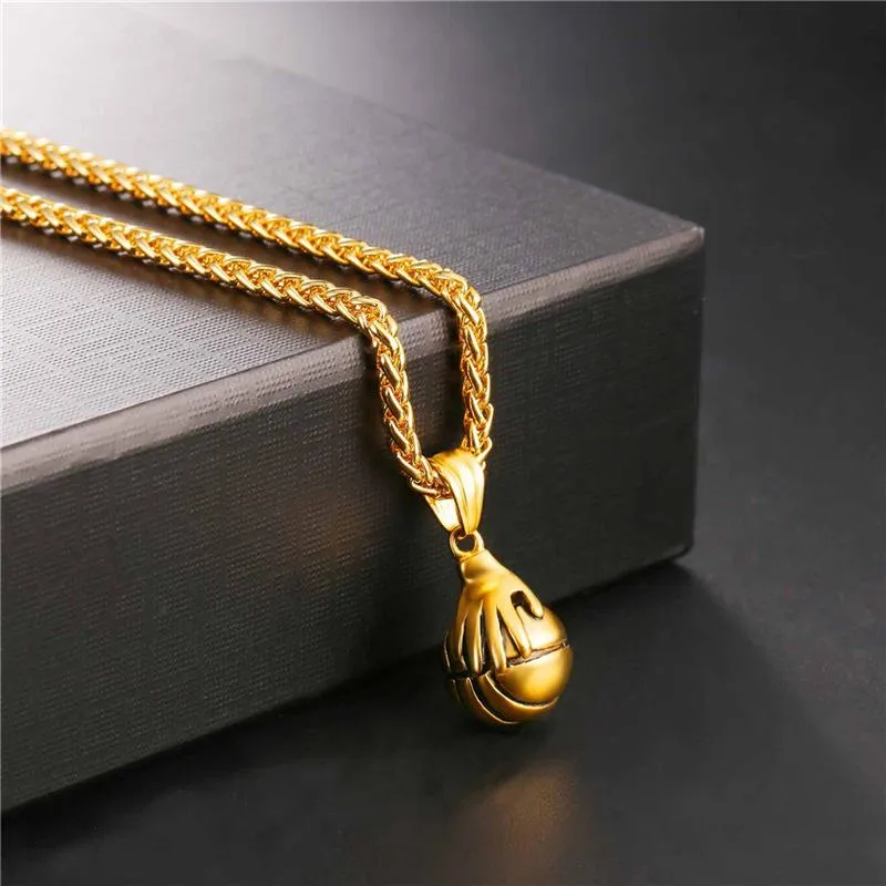 Metallic Hand on Basketball Pendant and Chain Necklace