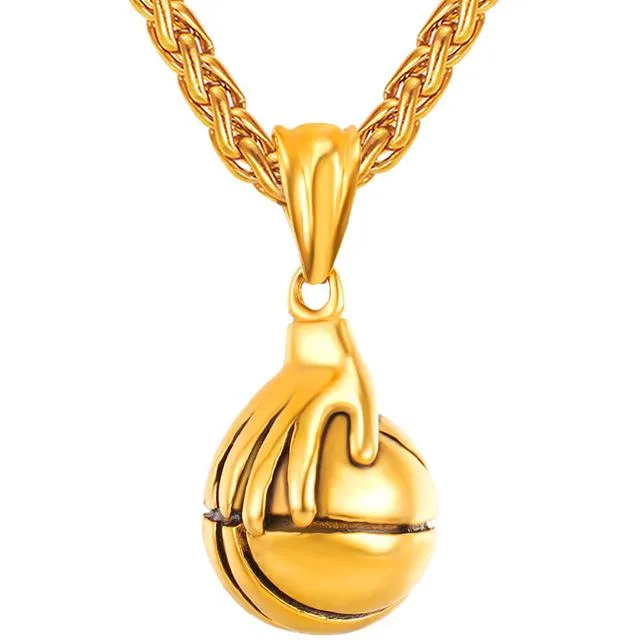 Metallic Hand on Basketball Pendant and Chain Necklace