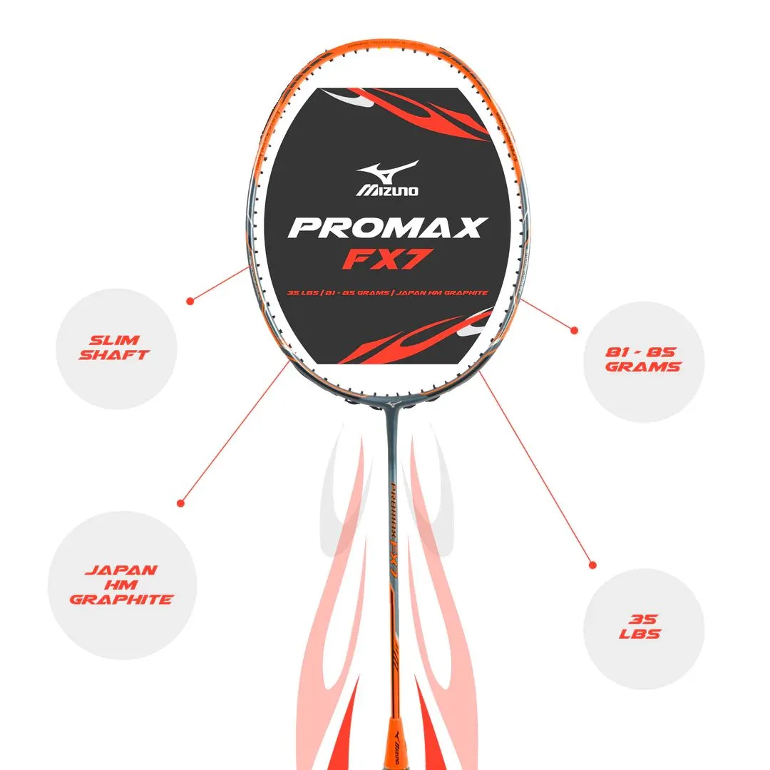 Mizuno Promax FX7 Badminton Racket (Strung with BG 80 Power) - Olive Grey/Poppy Orange/Silver