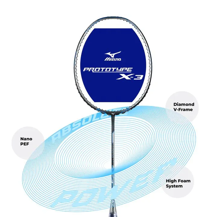 Mizuno Prototype X-3 Badminton Racket (Unstrung) - Charcoal/Silver Cloud/Cyan