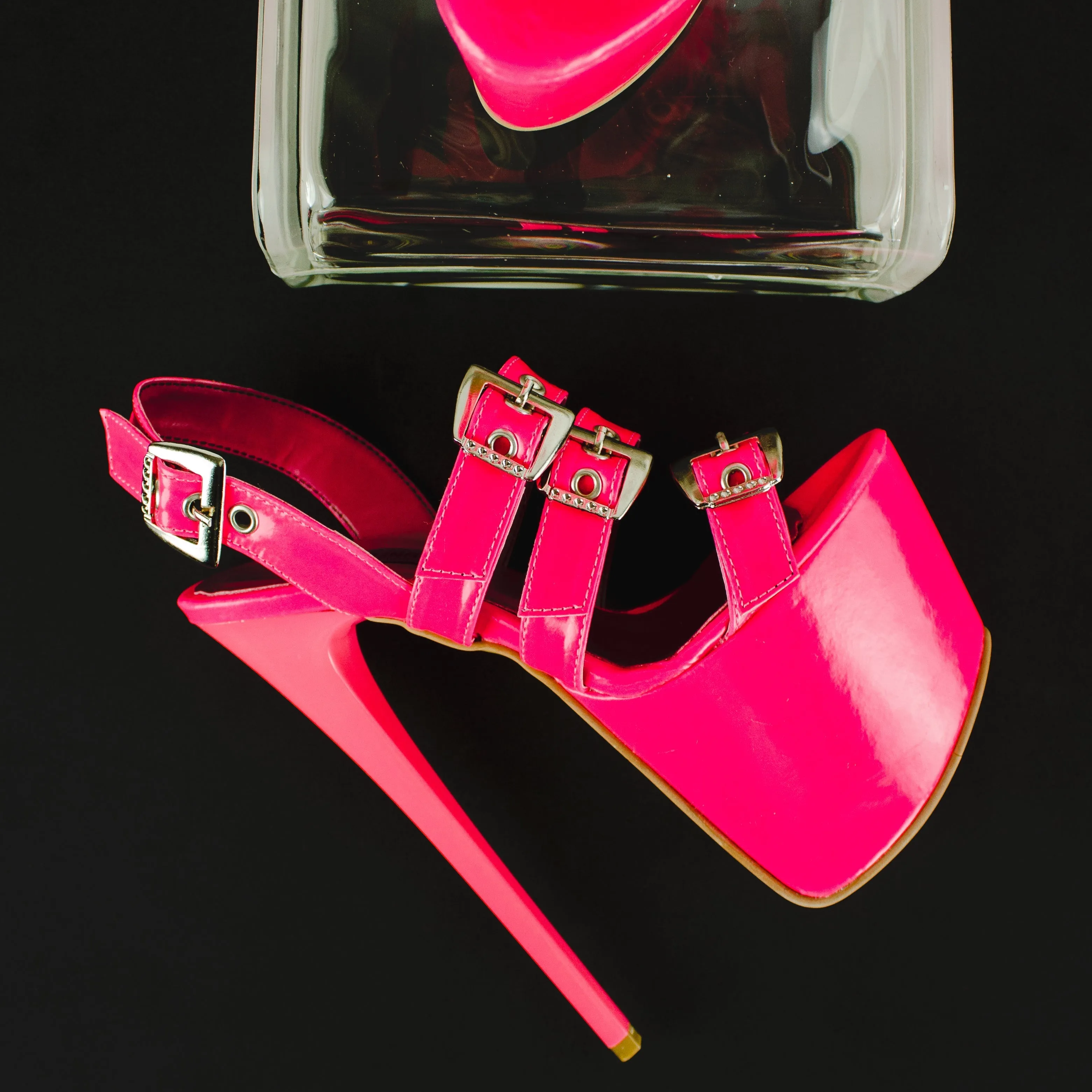 Neon Pink Gloss Multi Belted High Heel Sandals