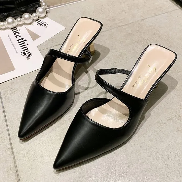 Pointy-Toe Chunky Heel Mules cc36