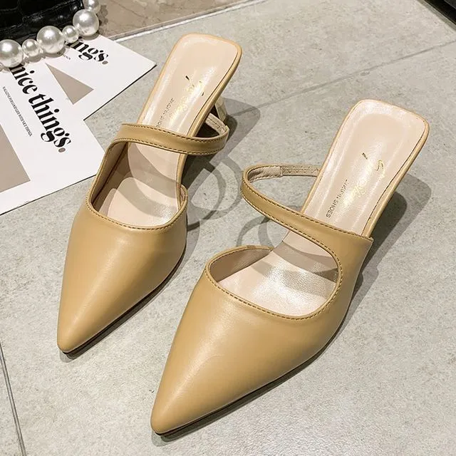 Pointy-Toe Chunky Heel Mules cc36