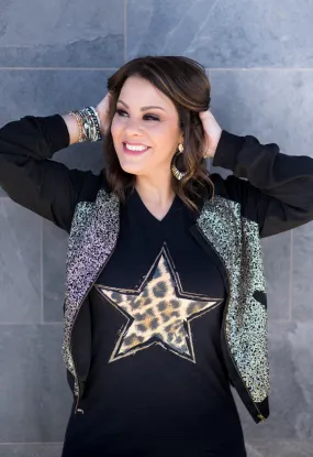 {SHOOTING STAR} Distressed Leopard Star Black V-Neck Tee