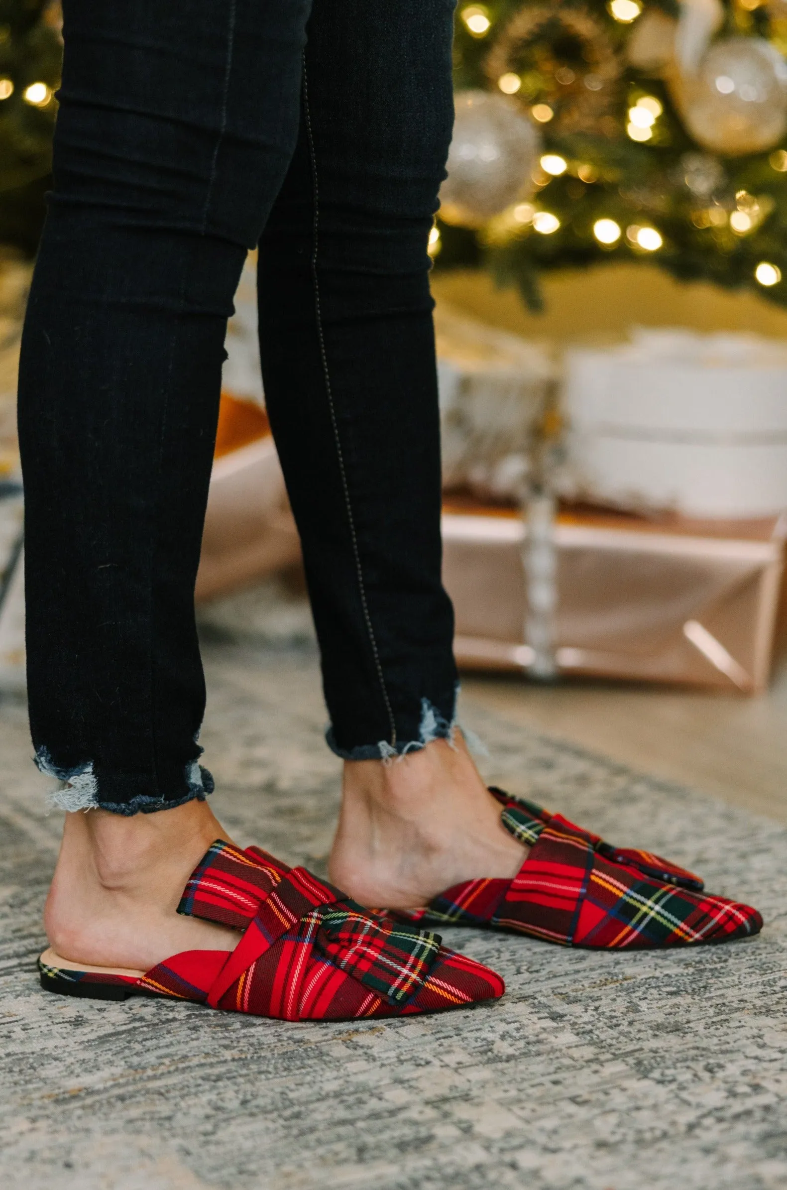 Under The Tree Red Plaid Flat Mules