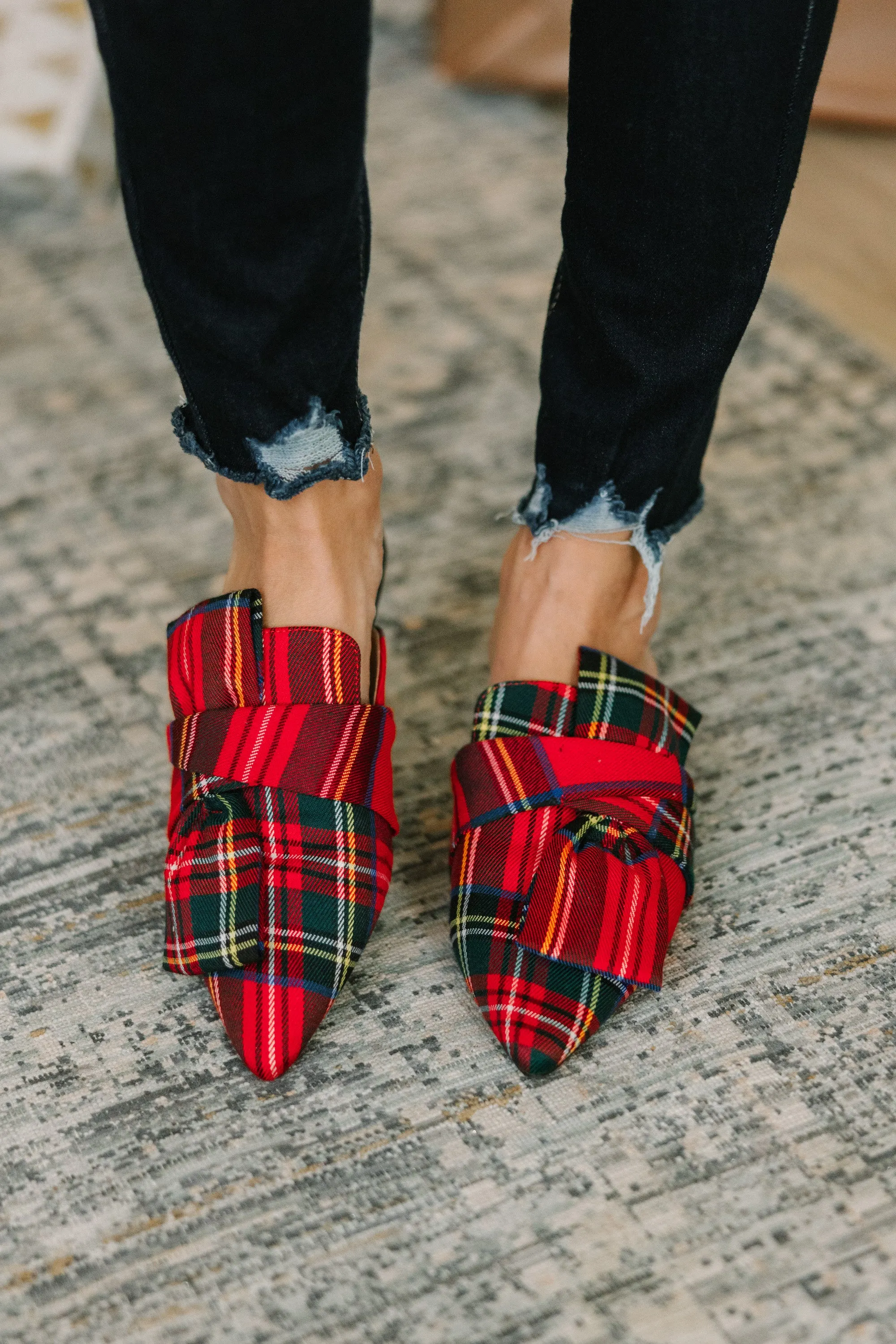 Under The Tree Red Plaid Flat Mules