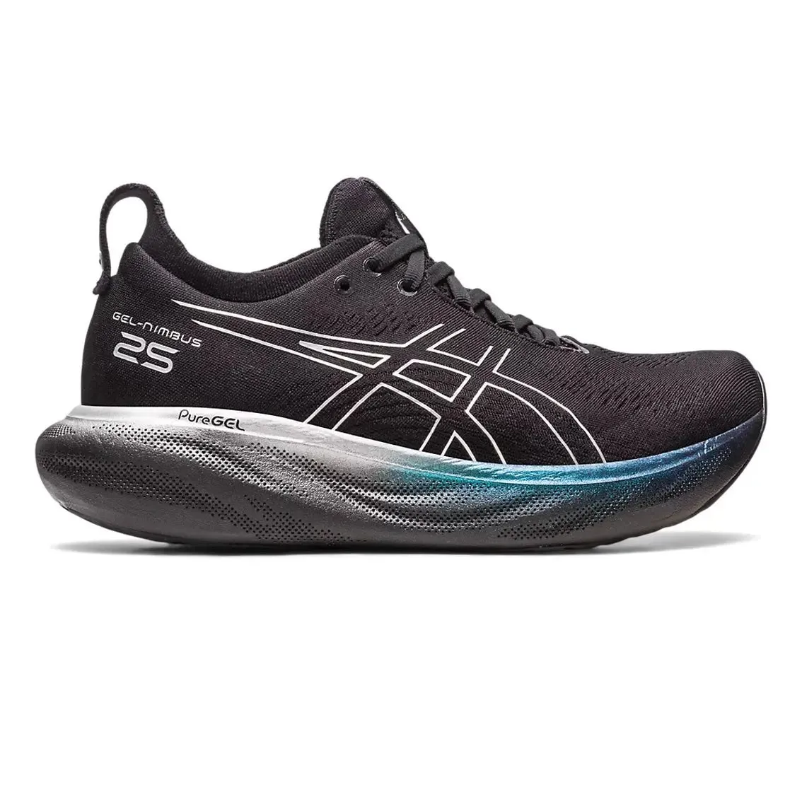 Womens ASICS Nimbus 25 Platinum - Black / Pure Silver