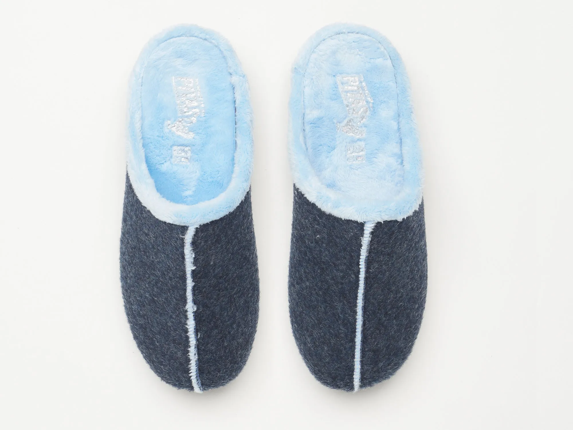 Women's navy blue felt and faux fur mule slippers