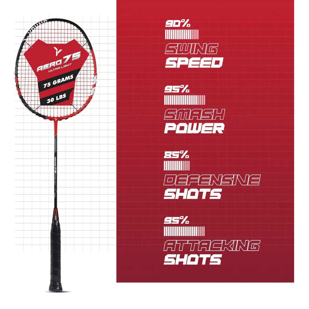 Young Aero 75 Ultralight Badminton Racket (Strung) | Black/Red